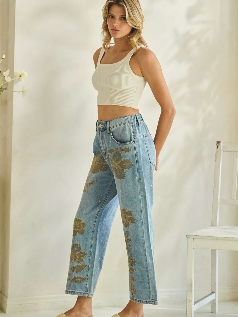 Oli & Hali Floral Embroidered Jeans | High Waist Ankle Crop Statement Denim - Picture 6 of 8